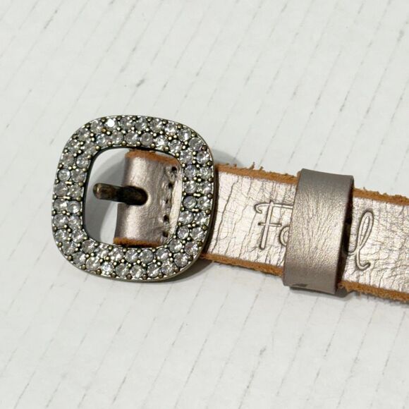 Fossil Womens Lather Belt Silver Metallic Square Rhinestone Buckle Bling Sz L